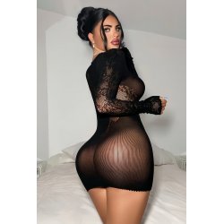 Robe résille noire décolletée à manches longues - J Lingerie